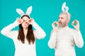 Easter family. Happy friends with bunny ears. Easter couple. Royalty Free Stock Photo