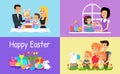 Easter family holiday banner set. Happy men, women and children with painted eggs, rabbits and gifts