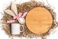 Easter farmhouse mockup white mug and wood round sign