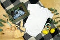 Easter farmhouse theme baby apparel top view flatlay. Mock up.