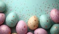 Easter festive background with pastel colorful easter eggs on turquoise table. Top view and flat lay style