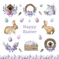 Easter festive decor element set in tender colors. Watercolor painted illustration collection. Hand drawn tender colored