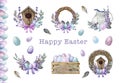 Easter festive decor set in tender colors. Watercolor illustration. Painted tender colored eggs, rustic vintage style