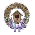 Easter festive decor wreath in tender colors. Watercolor illustration. Painted tender colored eggs, rustic vintage style