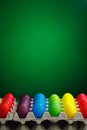 Easter festive multicolor eggs carton, green background