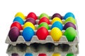 Easter festive multicolor eggs carton, white background Royalty Free Stock Photo