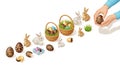 Easter A festive Easter scene with decorated eggs, bunnies, and baskets on a white background Royalty Free Stock Photo