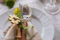 Easter festive spring table setting decoration, eggs in nest, selective focus, toned, top view Royalty Free Stock Photo