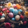 Easter spring table setting decoration, eggs in nest, fresh flowers, ai generated Royalty Free Stock Photo