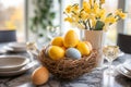 Easter festive spring table setting decoration, eggs in nest, fresh yellow tulips in vase Royalty Free Stock Photo