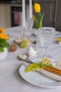 Easter festive spring table setting decoration, eggs in nest, fresh yellow tulips, marshmallows, selective focus Royalty Free Stock Photo