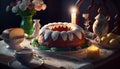 Easter festive table with easter cake, spriing flowers and candle light