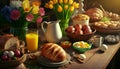 Easter festive table with spriing flowers