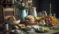Easter festive table with easter cake, easter eggs and spriing flowers