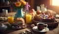 Easter festive table with orange spriing flowers