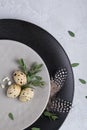 Easter festive table setting with gray plate, quail eggs leaf sprigs of eucalyptus.