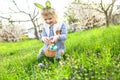 Easter festivities . child finding joy of collecting eggs amidst the blooming flowers.