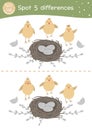 Easter find differences game for children. Holiday activity page with funny chicks, nest, willow twigs and eggs. Printable