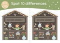 Easter find differences game for children. Holiday activity page with market stall, bunny, colored eggs. Printable worksheet with