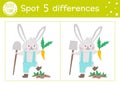 Easter find differences game for children. Holiday educational activity with funny bunny planting a carrot. Printable worksheet