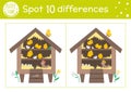 Easter find differences game for children. Holiday educational activity with hen coop and chickens. Printable worksheet with cute