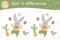 Easter find differences game for children. Spring holiday festive preschool activity with bunny, colored eggs, carrot and singing