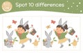 Easter find differences game for children. Spring holiday festive preschool activity with girl, basket, bunny, chicken and