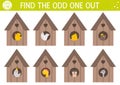 Easter find odd one out activity for children with nestlings in bird houses. Fun spring puzzle with cute little birds in starling Royalty Free Stock Photo