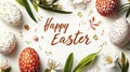 Easter flat lay with Happy Easter lettering and colorful painted eggs on white background Royalty Free Stock Photo