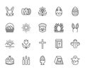 Easter flat line icons set. Colored eggs, basket, egg hunt, rabbit, spring flowers, bible, cake vector illustrations