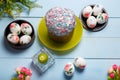 Easter flatlay with decorated eggs, flowers, burning candle and Easter bread or cake with glaze and multicolored sugar sprinkles.