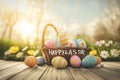 Easter floral arrangement Eggs Easter Jubilation Basket. White space for patterns Bunny Eggciting surprises Scene Composition