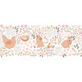 Easter floral border with hen, baby rabbit, eggs. Vector spring seamless long border in beige color. Royalty Free Stock Photo