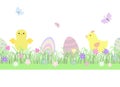 Easter floral composition chickens, butterflies, eggs early spring grass with cute flowers seamless horizontal border Royalty Free Stock Photo