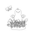 Easter floral composition with cute little chicken, early spring grass with flowers, outline vector illustration for coloring book Royalty Free Stock Photo