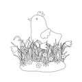 Easter floral composition with cute little chicken, early spring grass with flowers, outline vector illustration Royalty Free Stock Photo