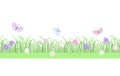 Easter floral composition of early spring green grass with cute flowers seamless horizontal border, flat style vector illustration Royalty Free Stock Photo