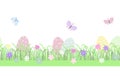 Easter floral composition eggs, butterflies, early spring grass with cute flowers seamless horizontal border, flat style vector il Royalty Free Stock Photo
