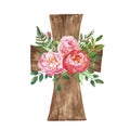 Easter floral cross illustration. Watercolor Rustic wooden cross wreath and beautiful pink flowers with green leaves for Easter