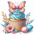 Easter floral cupcake. Easter butterfly. Easter eggs. Watercolor illustration. Royalty Free Stock Photo