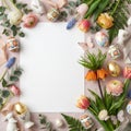 Easter Floral Frame with Decorative Eggs, Spring Flowers and Blank White Paper Royalty Free Stock Photo