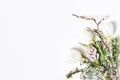 Easter floral frame, web banner. Spring wedding, birthday composition with pink hyacinth, cherry blossoms, tulips and