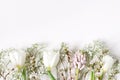 Easter floral frame, web banner. Spring wedding, birthday composition with pink hyacinth, cherry blossoms, white tulips