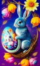 Easter Floral Illustration with a Blue Bunny Holding Big Painted Egg with a Little Rabbit on It Royalty Free Stock Photo