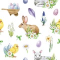 Easter flower festive traditional decor element seamless pattern. Watercolor illustration. Hand drawn bunny, chicks Royalty Free Stock Photo