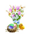 Easter flowers composition .Spring bouquet of flowers with tulips and daffodils. Nest with Easter eggs and a little chicken. Royalty Free Stock Photo