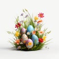 easter flowers with grass and eggs white background. ai generated Royalty Free Stock Photo