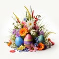 easter flowers with grass and eggs white background. ai generated Royalty Free Stock Photo