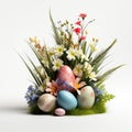 easter flowers with grass and eggs white background. ai generated Royalty Free Stock Photo