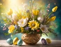 Easter flowers in vase and Easter eggs on table